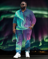 Men's Plus Size Aurora Borealis Long Sleeve Polo Shirt and Pants Set