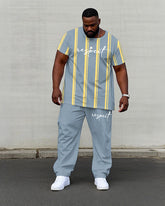 Men's Plus Size Casual Vertical Stripes Chest Handwritten "Respect" Slogan Printed Short Sleeve T-Shirt Trousers Suit