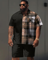 Men's Big & Tall Casual Color-block Plaid Print Pocket Short-sleeved Shirt Shorts Set