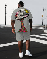 Men's Abstract Human Illustration Back Print Big & Tall Breathable Short-Sleeve T-shirt Shorts Set