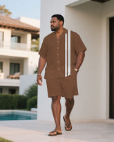 Men's Plus Size Khaki Brown & White Vertical Stripe Colorblock Fashion Short Sleeve Shirt Shorts Suit