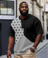 Big & Tall Men's Black Tricolor Geometric Printed Henry Collar Button Short Sleeve T-shirt