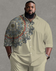 Big Guy’s Daily Casual Simple Shoulder Vintage Print Long Sleeve Shirt Trousers Set