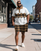 Big & Tall Men's Business Brown Colorblock Check Print Short Sleeve Polo Shirt Shorts Suit