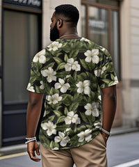 Men's Plus Size Hawaiian Floral Print Henry Collar Button Short Sleeve Tee
