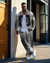 Big Guy's Gradient Black & White Plaid Printed Daily Casual Long Sleeve Shirt Pants Set