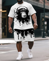Big & Tall Men's Casual Ink Splash Music Gorillas Street Short-Sleeved T-shirt and Short Set