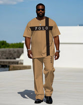 Men's Plus Size Khaki Color Block Logo Print Short-sleeved T-shirt Trousers Suit
