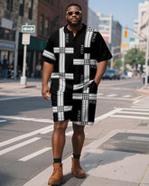 Men's Plus Size Daily Black Stripe Patchwork Letter Print Short Sleeve Polo Shirt Shorts Suit