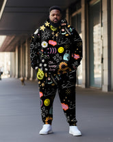 Men's Large Size Illustration Graffiti Hoodie Two Piece Set