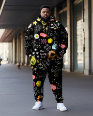 Men's Large Size Illustration Graffiti Hoodie Two Piece Set