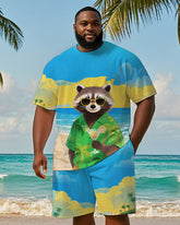 Men's Plus Size Hawaiian Blue Raccoon Drinking Cocktail Print Short Sleeve T-Shirt Shorts Suit