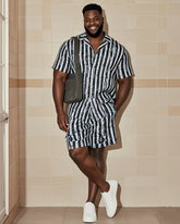 Big Man's Retro Daily Casual Black White Striped Color Block Printing Short Sleeve Shirt Shorts Suit