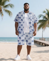 Men's Outdoor Hawaiian Style Coconut Trees Printed Big & Tall Short Sleeve Shirt Shorts 2-Piece Set