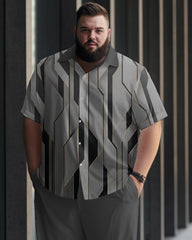 Striped Button Printed Oversized Men's Short Sleeved Shirt Set