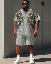 Men's Plus Size Daily Casual Simple Grey Retro Geometric Full Print Shirt Shorts Suit