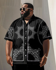 Men's Plus Size Business Retro Black Printed Short Sleeve Shirt Suit