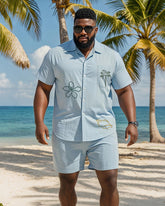 Big & Tall Men's Hawaii Vacation Blue Graffiti Print Pocket Shirt Shorts Suit