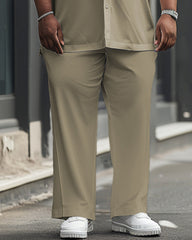 Big Men's All-match Solid Color Khaki Short Sleeve Shirt Trousers Set