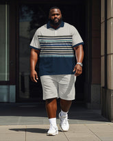 Big Men's Simple Blue Stripe Color Block Printed Short Sleeve Polo Shirt Shorts Set