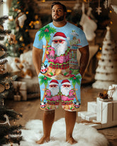 Big Men's Santa Claus Hawaiian Holiday Print T-Shirt Shorts Set