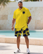 Men's Plus Size Holiday Yellow Big Leaf Chest Print Short-sleeved Polo Shirt Shorts Suit