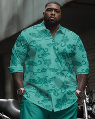 Men's Plus Size Retro Pattern Printed Long Sleeve Lapel Shirt 2-Piece Set