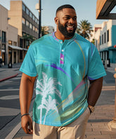 Men's Plus Size Daily Casual Blue Gradient Coconut Tree Print Henry Collar Button Short Sleeve T-Shirt