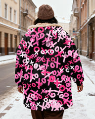 Women's Pink Black Letter Printed Velvet Thickened Long Hooded Coat