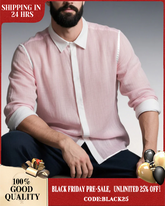 Big & Tall Men's Pink-autumn And Winter Commuter Color Matching Cotton And Linen Fabric Long Sleeve Shirt
