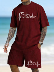 "Island Heartbeat" Coconut Tree Sun ECG Printed Texture Large Size Casual Suit