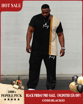 Big Men’s Black & Khaki Colorblock King Printed Short Sleeve T-Shirt Trousers Set