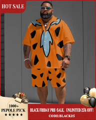 Big Men's Vintage Nostalgic Movie Orange Shirt Shorts 2-Piece Set