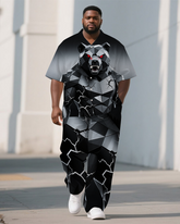 Big Men's Armored Bear Cartoon Gradient Effect Streetwear Short Sleeve Shirt Pants Set