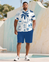 Men's Plus Size Holiday Blue Plant Full Print Short Sleeve Polo Shirt Shorts Suit