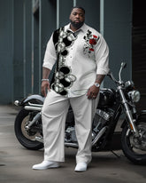 Men's Plus Size Geometric Plum Long Sleeve Lapel Shirt Two Piece Set