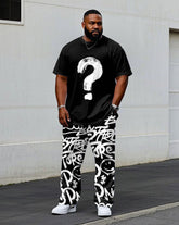 Men's Plus Size Street Fashion Question Mark Graffiti Style Short Sleeve T-Shirt Trousers Suit