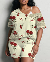 Women's Plus Size Daily Casual Vintage Rose Newspaper Print Short Sleeve Shorts Suit
