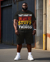 Big Men's Simple Letter Style FIX STUFF Street Fashion Short Sleeve T-Shirt Shorts Set