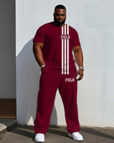 Men's Plus Size Casual Wine Red Color-block Line Chest Small Label Printed Short-sleeved T-shirt Trousers Suit
