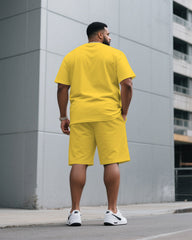 Men's Plus Size Yellow & Khaki & Red & Sapphire Clear Color Chest Small Label Printed Crewneck Short-sleeved T-shirt Half-length Pants Suit