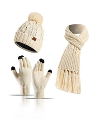 Knitted Mixed Color Hat Thickened Scarf Touch Screen Gloves Three-piece Set