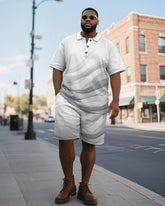 Big & Tall Men's Business Light Gray Line Gradient Print Short-sleeved Polo Shirt Shorts Suit
