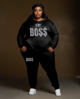 Women's Plus Size 2 Piece Outfits Crown Boss Hoodie and Sweatpants Set