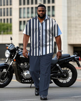 Men's Plus Size Fashion Business Blue Striped Contrast Short Sleeve Shirt Trousers Suit