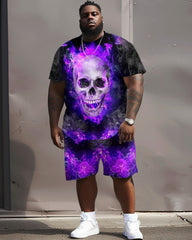 Big Men's Burning Skull Print T-Shirt and Shorts Casual Set