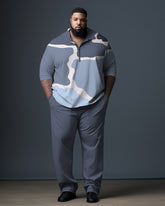 Men's Blue Big and Tall Gentleman's Camo Polo Zip Shirt and Pants Two-Piece Set