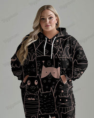 Women's Casual Daily Cute Cat Print Plus Size Hoodie Suit