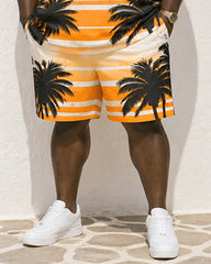 Big & Tall Men's Orange And White Gradient Striped Coconut Tree Print Vest Shorts Set