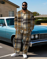 Men's Big & Tall Casual Retro Brown Plaid All Over Printed Long Sleeve Shirt Pants Set